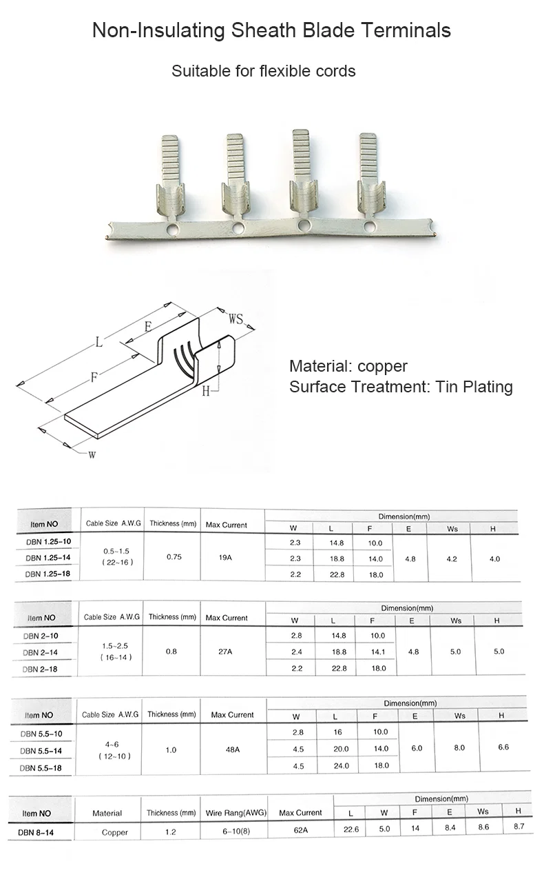 Copper Non-insulating sheath fork terminals, brass nickel steel spade connector PH VH JST terminal, Copper Terminal